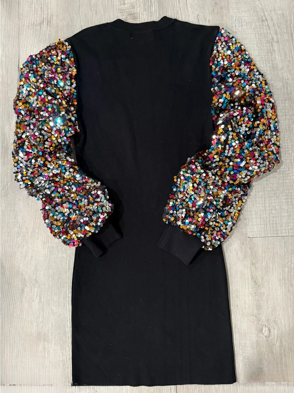 Black Knit Mini Dress with Multicolor Sequin Puff Long Sleeves